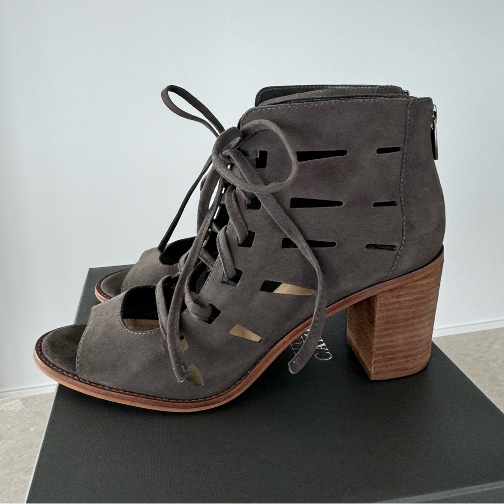 Vince Camuto Tressa Leather Perforated Lace up Booties Sandals Taupe Grey